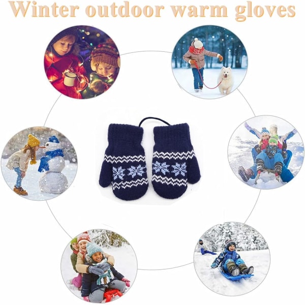 Vinterhandsker til børn - Unisex varme strikkede snefnug med halsstrop - Plys varme handsker - Ski - Snowboard - Campinghandsker til drenge, piger og babyer i alderen 0-2 år (blå)
