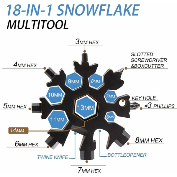 2 stk 18 i 1 multifunksjonelt snøfnuggverktøy, rustfritt stål mini multifunksjonelt bærbart verktøy med nøkkelring for utendørsreiser, daglig verktøy, julegave til menn