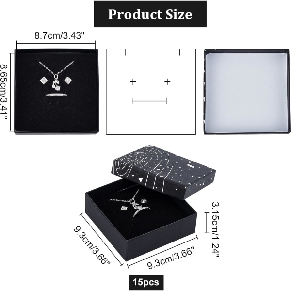 15 stk. sølvfarvede smykkeæsker i karton, 9,3x9,3x3,15 cm firkantede