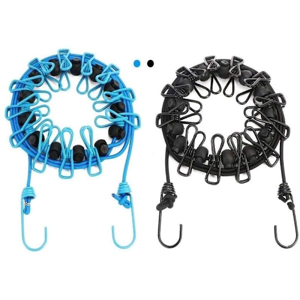 2-pack bärbar klädstreck med 12 klädnypor, bärbar infällbar klädstreck, utomhus, inomhusbruk, elastisk och vindtät klädstreck