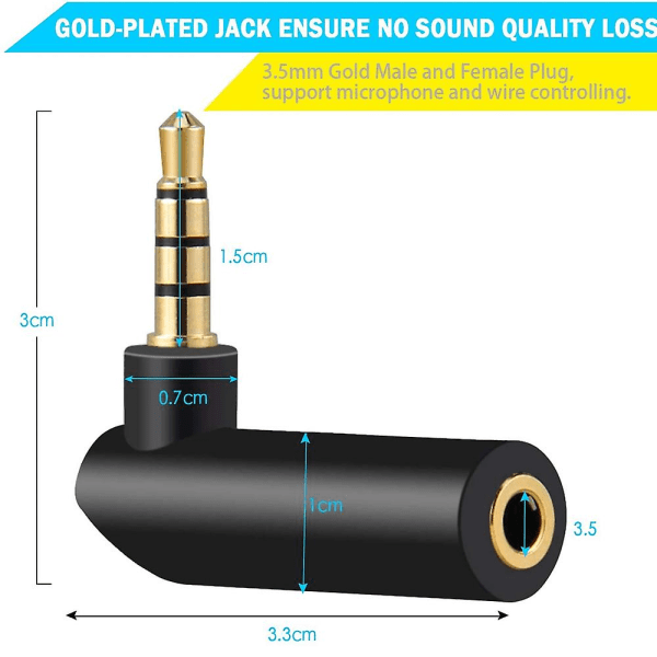 3,5 mm lydadapter, 90 graders hodetelefonadapter, hunn til hann