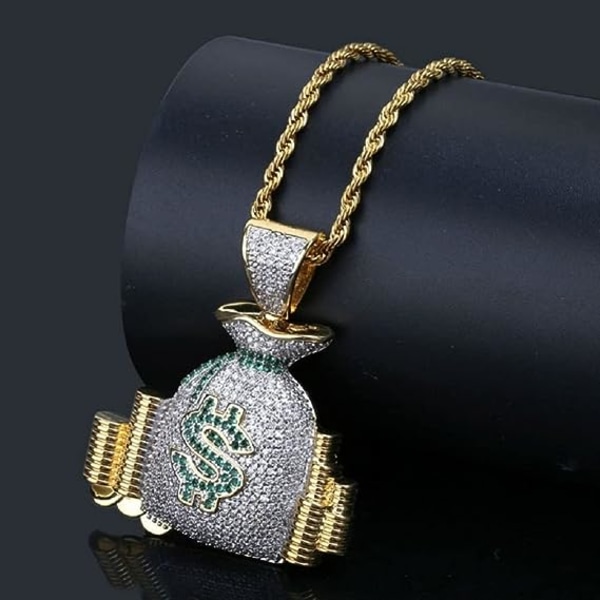 Halsband med dollartecken för män, halsband med dollartecken och pengapåse med 22,8\" kedja, hiphop-halsband med dollartecken