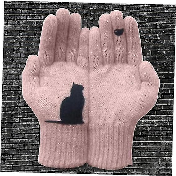 Hela fingervantar Cartoon Cat Print Vinter Varma Kalla Kasmirska Vantar Tjocka