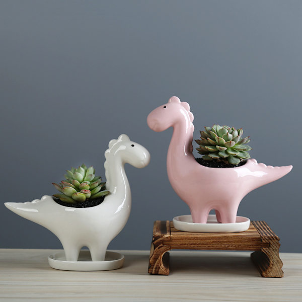 Keramisk suckulentkruka med fat, dinosaurieformad kaktusblomkruka, mini inomhusväxtkruka presentdekoration för hemmakontor bonsaiplanteringsbehållare