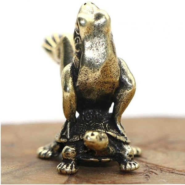 Mini söt mässingsgroda som sitter på sköldpadda vintage staty djur statyett