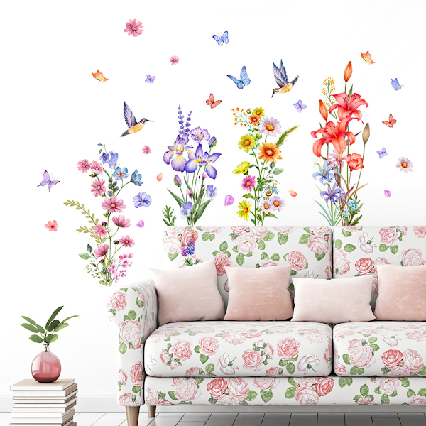 Färgglada Blommor Väggdekaler Trädgårdsblommor Väggdekaler Växt Fjäril Flo