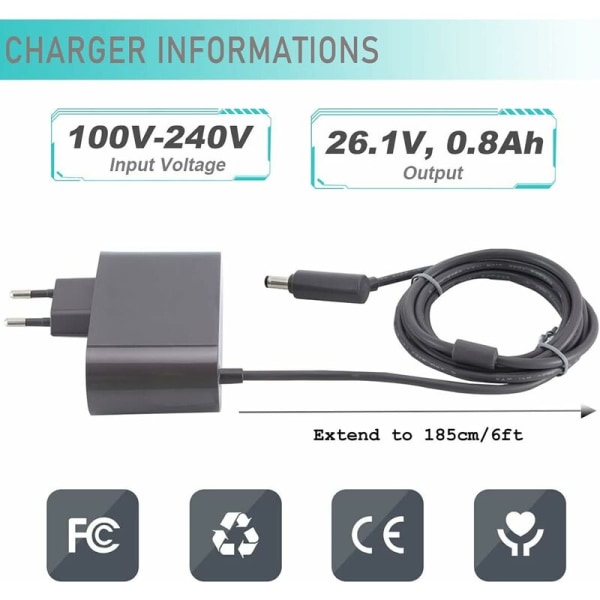 Lader for V6 V7 V8, støvsugeradapter, 0.8A hurtiglader