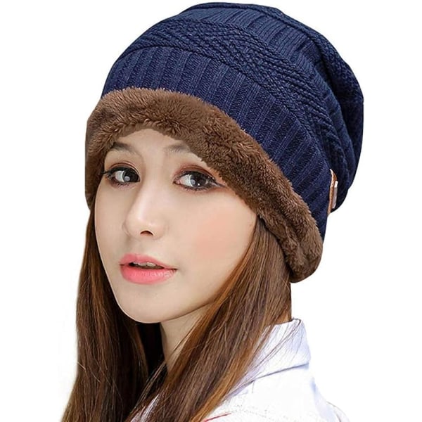 Kvinners tykk varm vinterlue Slouchy Skully Knit Beanie Navy