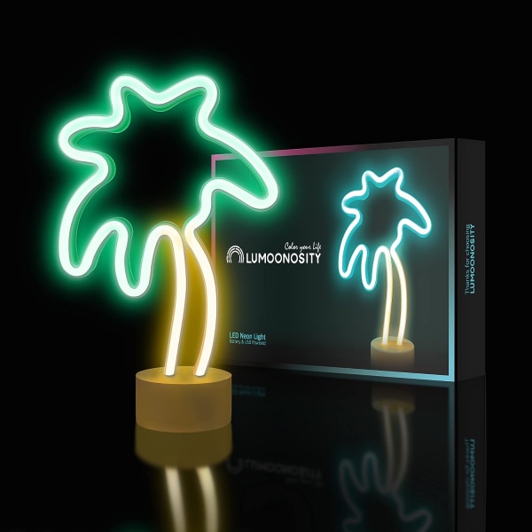 Palmuvalo neonlogo - kookospalmu neon makuuhuoneeseen, työpöydälle, työpöydän koristeluun - Akku / USB LED-palmuvalo - Palmuvalo pidikkeellä - vihreä ja keltainen LED-logo