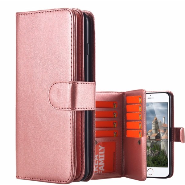 FLOVEME:n käytännöllinen 9-kortin lompakkokotelo iPhone 7 PLUS:lle Rosa