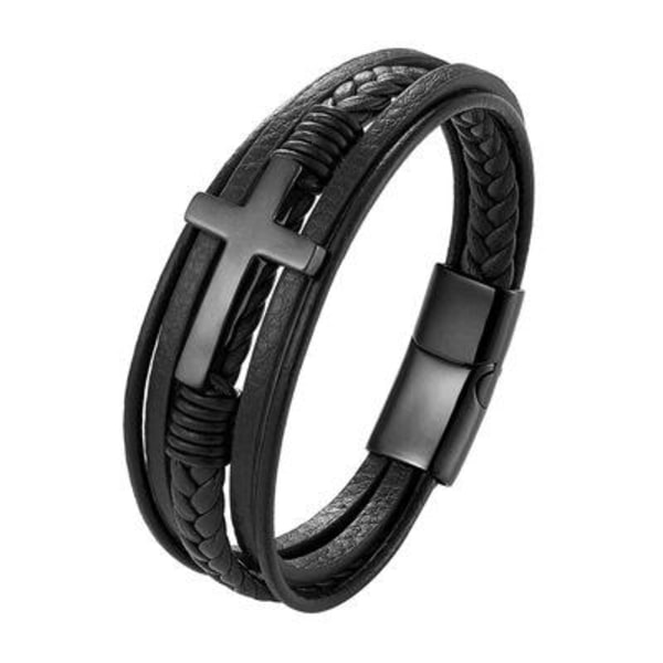 Stilrent Hög Kvalitets PU-Läder Kors Armband Svart 21CM