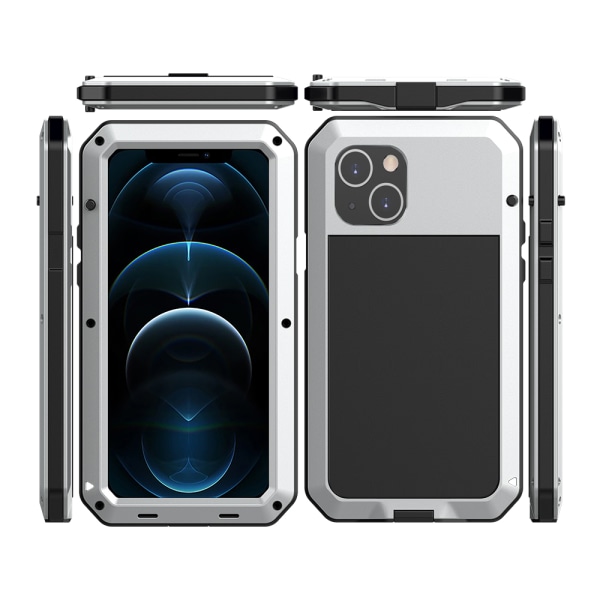 iPhone 14 - Kraftig HEAVY DUTY 360-deksel i aluminium Silver