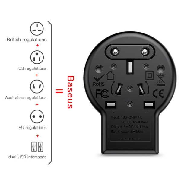 Baseus matkaseinälaturi (USB) Ruotsi, EU, USA Svart Svart