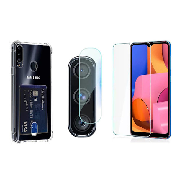 1 Set Samsung Galaxy A20s Skal + Skärmskydd + Kameralinsskydd Transparent