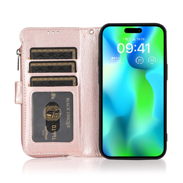 Tyylikäs lompakkokotelo mikrokuitunahkaa vetoketjulla - iPhone Black