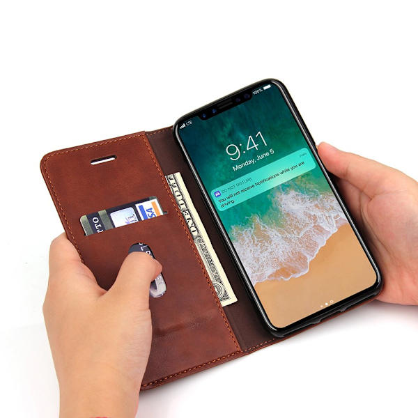 LEMANS populära Plånboksfodral till iPhone X/XS Mörkbrun