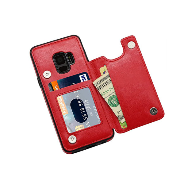 Samsung Galaxy S9 - NKOBEE Lærsak med Pung/Kortlomme Röd