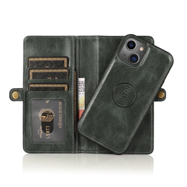 iPhone 15 -  Lyxigt Läder Plånboksfodral med Silikonskal och Kor Grön