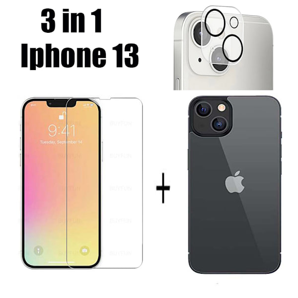 3-PACK 3-in-1 iPhone 13 Fram- & Baksida + Kameralinsskydd Transparent