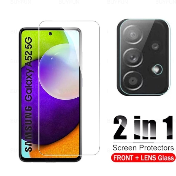 2-PAKK Samsung Galaxy A52 skjermbeskytter + kameralinsebeskytter HD 0,3 mm Transparent/Genomskinlig