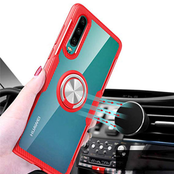 Huawei P30 - Fleksibelt cover med ringholder Röd/Silver