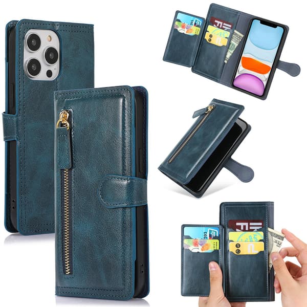 iPhone 13 Pro Max - Elegant Plånboksfodral med Kortfack & Dragkedja Mörkbrun