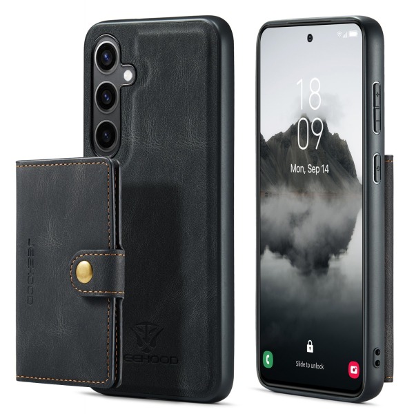 Läderplånbok med magnetiskt hållare för Galaxy S24 Plus Svart