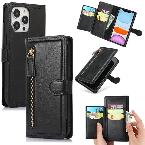 iPhone 13 Pro Max - Elegant Plånboksfodral med Kortfack & Dragkedja Marinblå