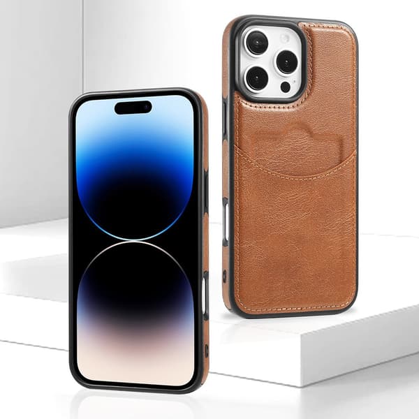 iPhone 16 Pro Max - Slimmat Kortfacksskal i Läder Vinröd