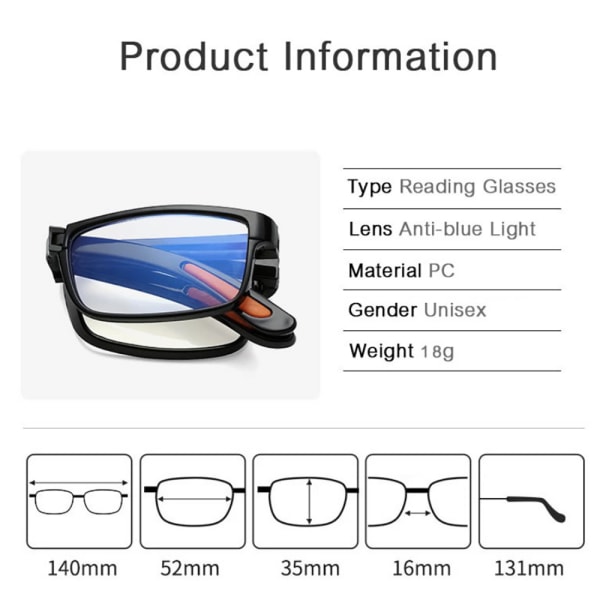Glat foldbare læsebriller med styrke Svart +3.5