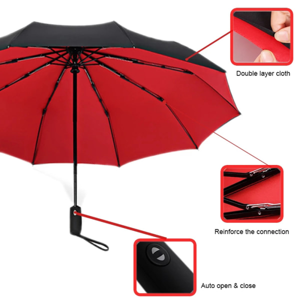 Kraftig praktisk vindafvisende paraply Röd