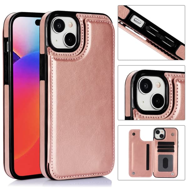 Iphone 15 - Läder Fodral med 3-kortfack Roséguld