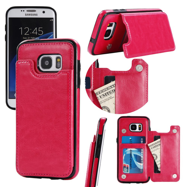 Lædertaske med pung/kortplads til Samsung Galaxy S7 Edge Rosaröd