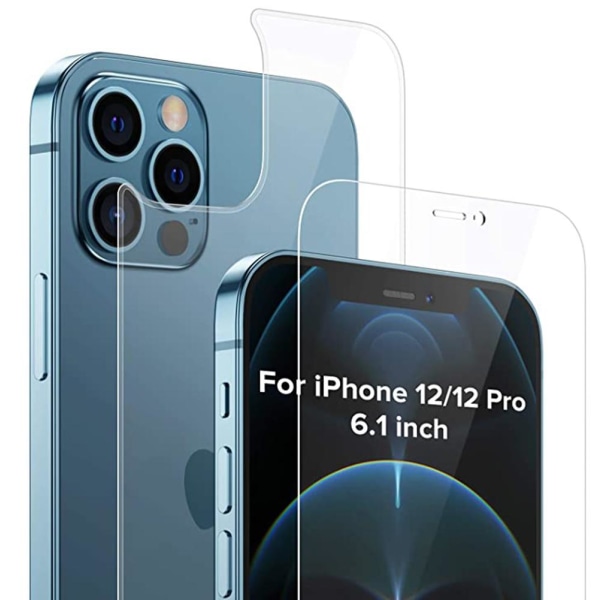 2-PACK 3-in-1 iPhone 12 Pro edessä ja takana + kameran linssin suojus Transparent/Genomskinlig