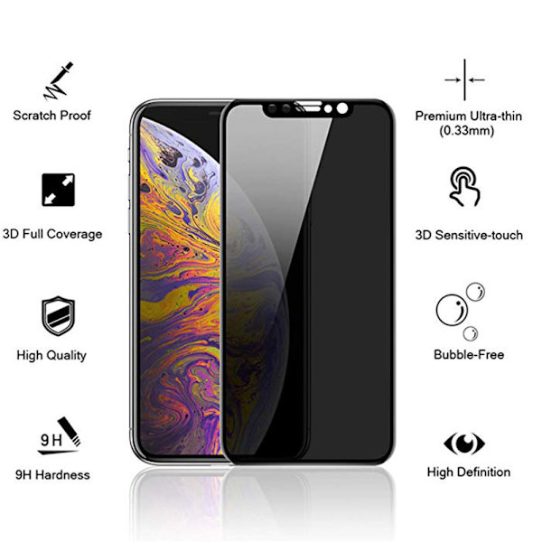 iPhone X/XS FullCover Anti-Spy Skärmskydd 9H Svart