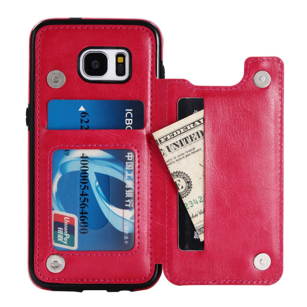 Skinnveske med lommebok/kortspor for Samsung Galaxy S7 Edge Rosaröd