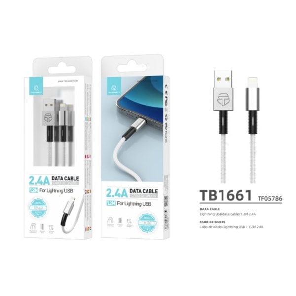 2-Pak iPhone Hurtigoplader USB-kabel 1,2 meter 2,4A Lightning Silver/Vit