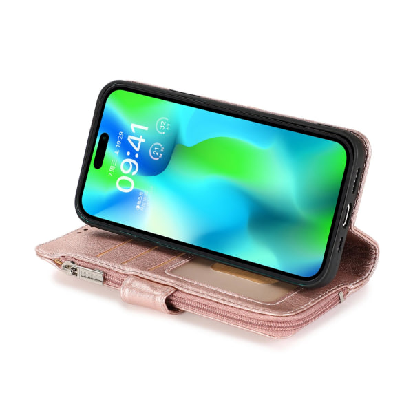 Elegant plånboksfodral i mikrofiberläder med dragkedja - iPhone 15 Pro Pink gold