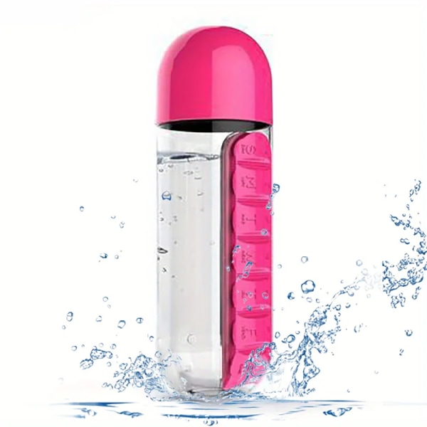 2-i-1 600ml Vattenflaska med 7-facks Medicinbox Rosa