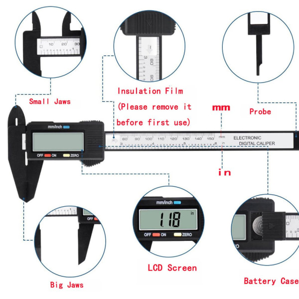 Digitalt Skjutmått i Plast med Exakt Mätning till 150mm Svart