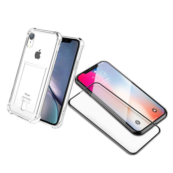 iPhone XR - 1 sett deksel med kortholder og skjermbeskytter Transparent