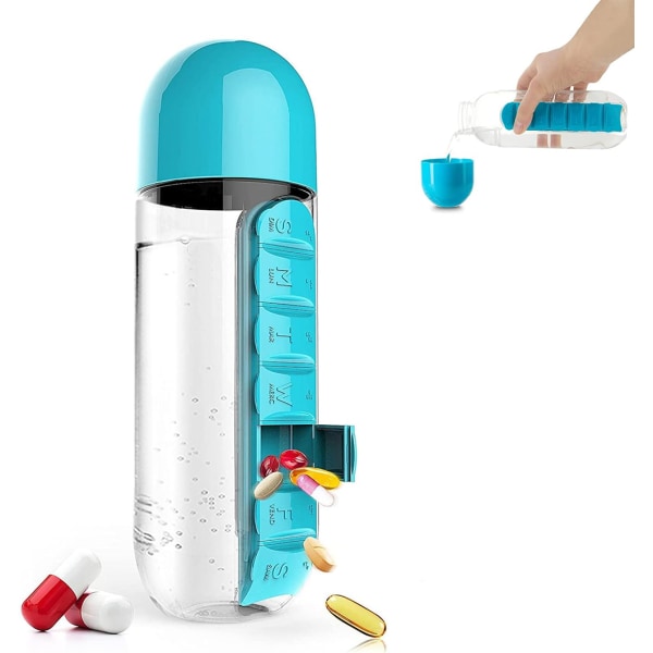 2-i-1 600ml Vattenflaska med 7-facks Medicinbox Rosa