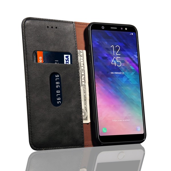 LEMAN Stilrent Plånboksfodral för Samsung Galaxy A6 Plus Svart