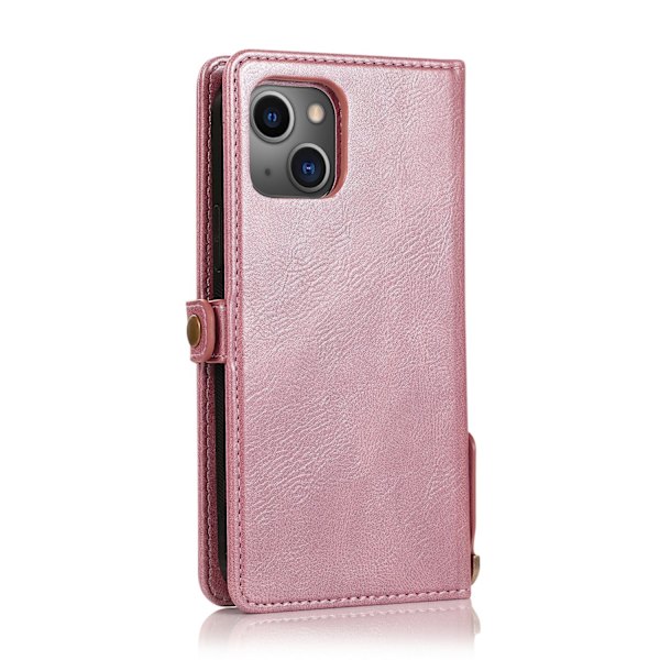 iPhone 15 - ylellinen nahkainen lompakkokotelo silikonikuorella ja lehmillä Roséguld