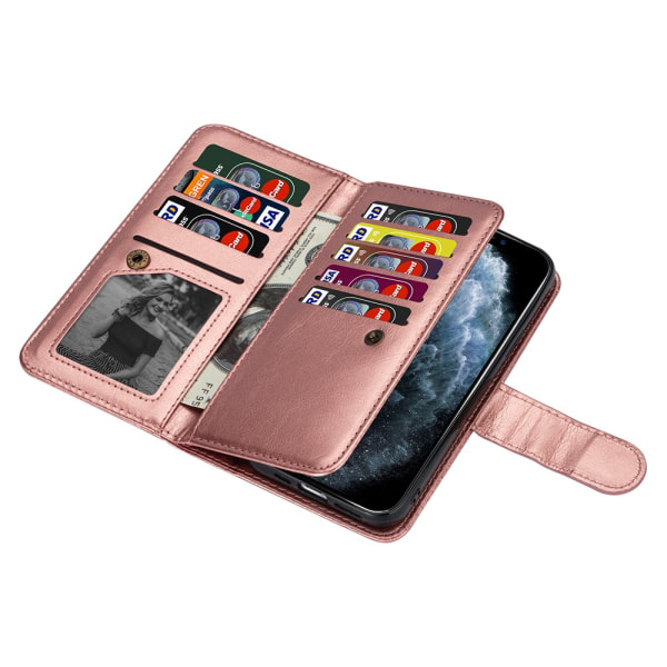 iPhone 12 - Praktisk Robust 9-Card Wallet Case Röd