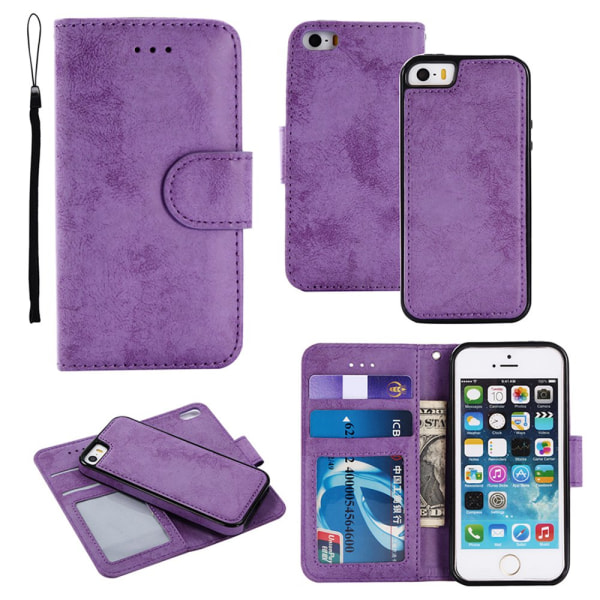 iPhone 5/5S/SE - Silk-Touch-suojakuori lompakolla ja kuorella Ljusblå