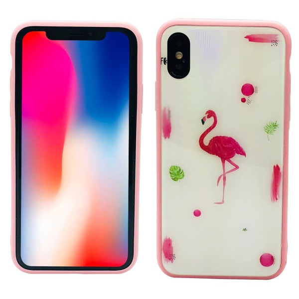 Elegant beskyttelsescover til iPhone X/XS (Hærdet glas) Flamingo