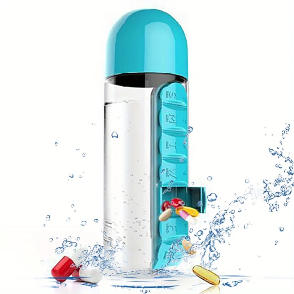 2-i-1 600ml Vattenflaska med 7-facks Medicinbox Rosa