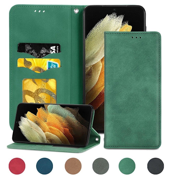 Samsung Galaxy S21 Ultra - Stilsäkert Praktiskt Plånboksfodral Mörkgrön