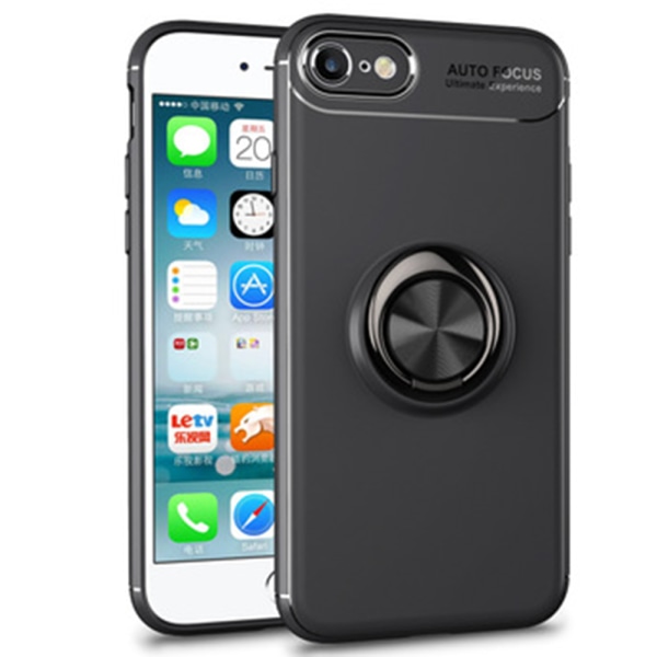 iPhone 7 - Kraftig robust deksel med ringholder (autofokus) Svart/Svart